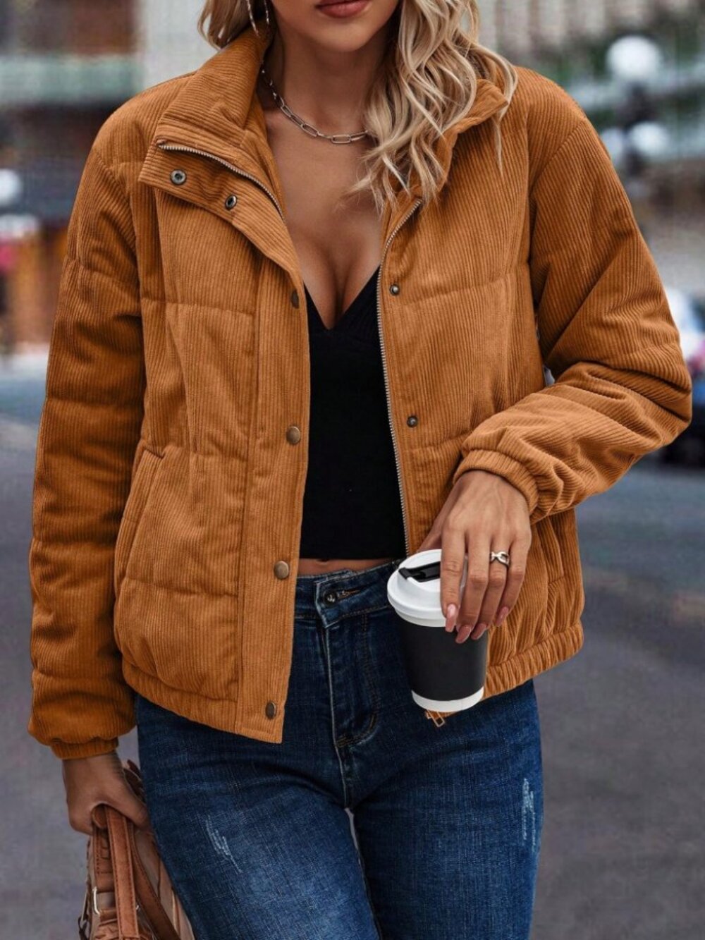 Camel Corduroy Puffer Jacket with Funnel Neck Zip Front - Picture 6 of 6